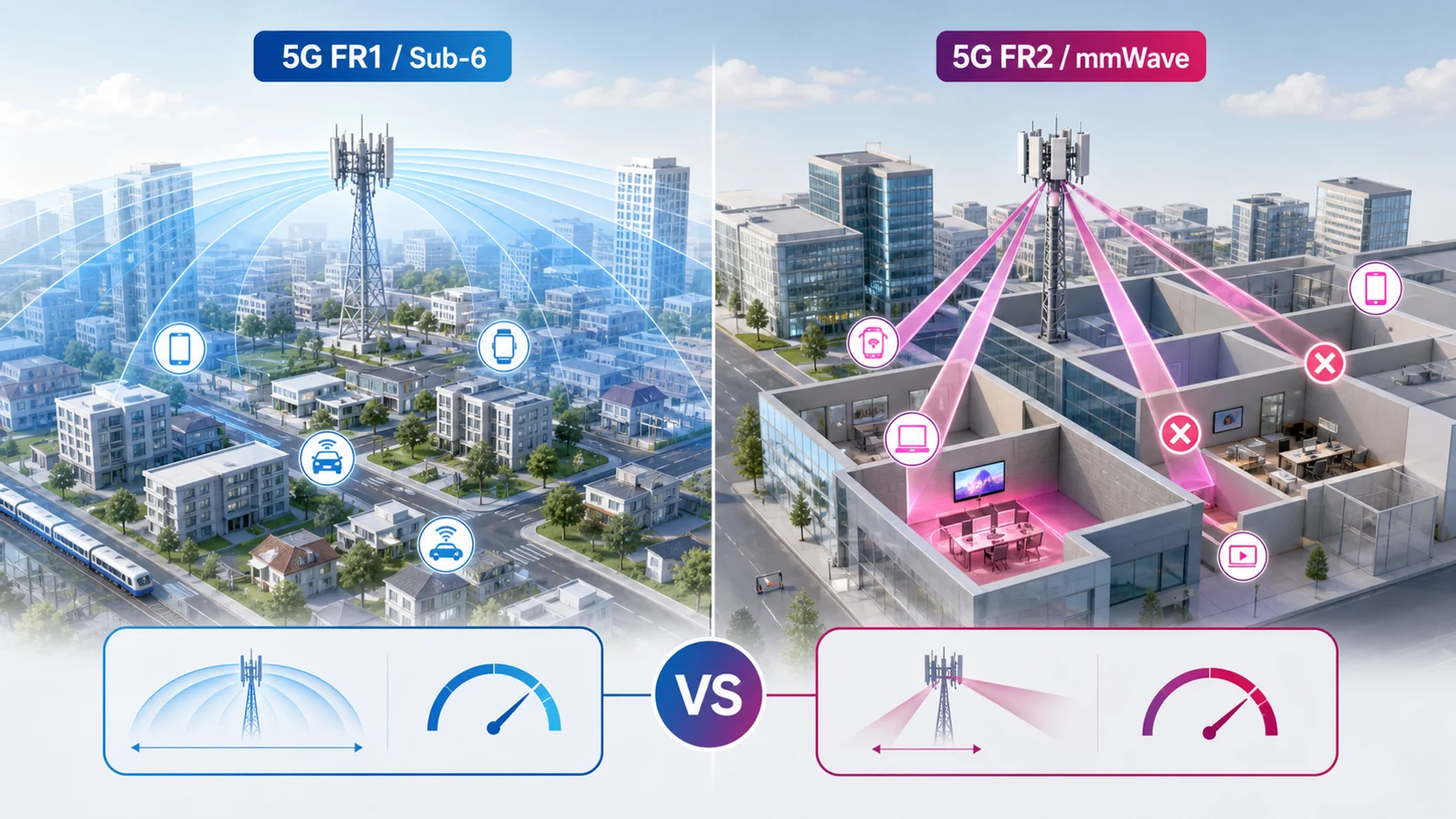 5G FR1 Sub-6 대역과 FR2 mmWave 대역의 전파 도달 거리와 장애물 투과 차이