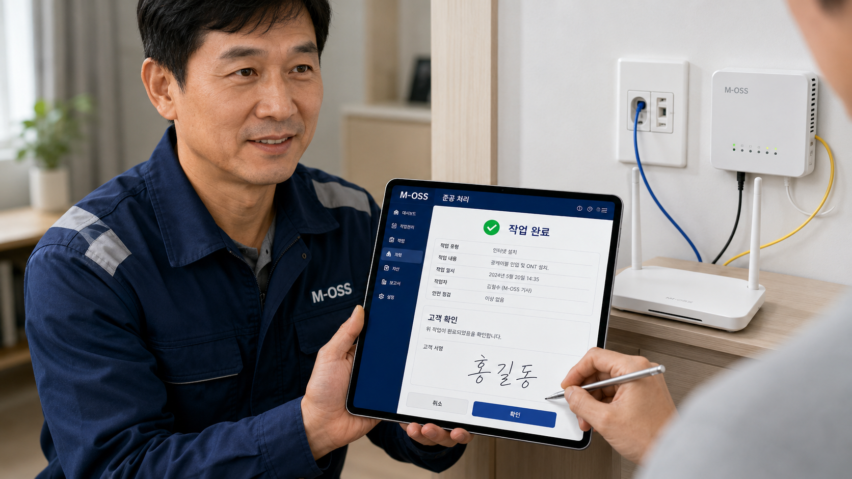 M-OSS 시스템의 작업 완료 화면을 확인하고 고객으로부터 디지털 서명을 받는 현장 엔지니어와 설치된 ONT 장비