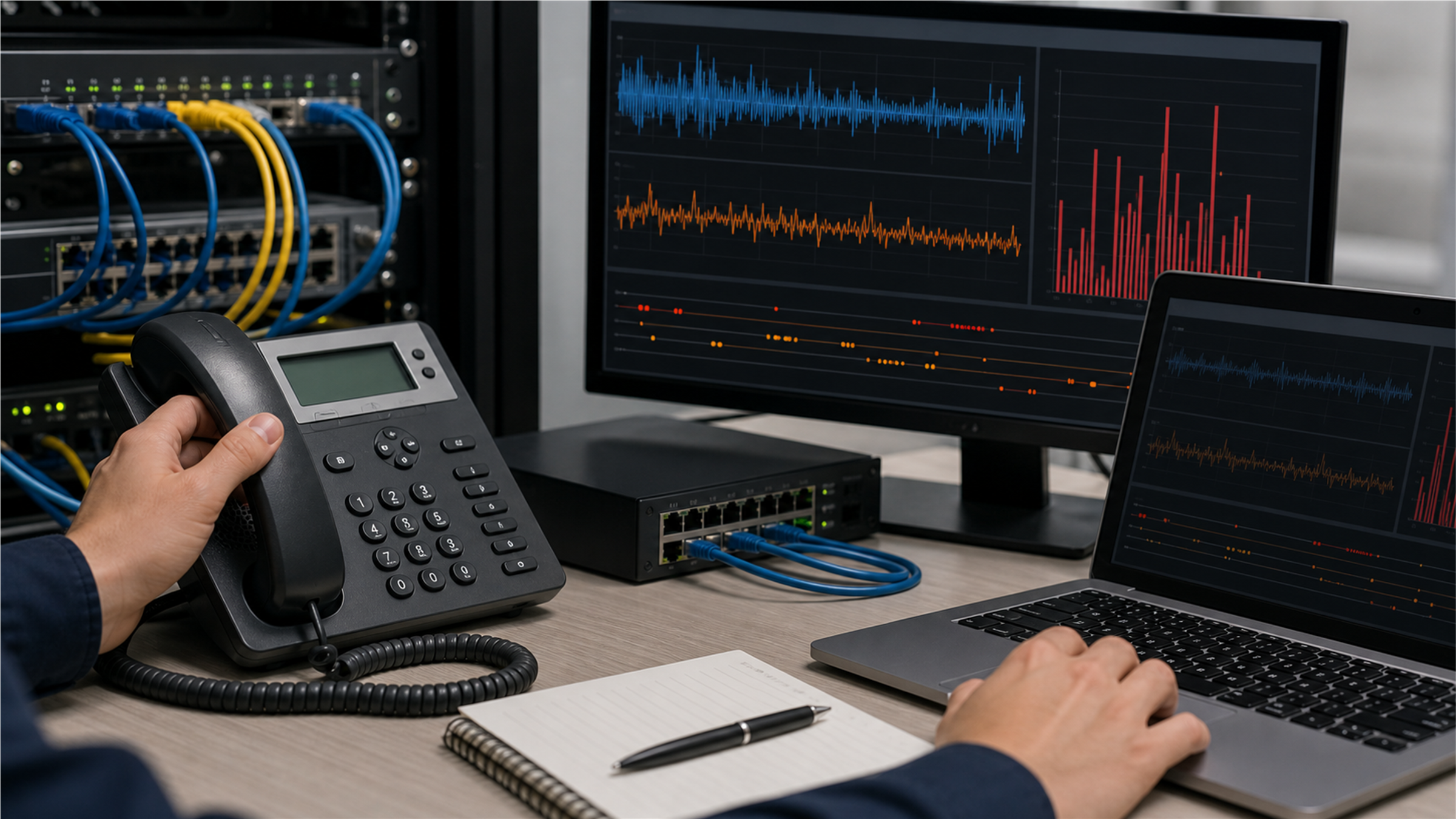 VoIP 지터와 패킷 손실 품질 관리를 보여주는 통화 품질 모니터링 실사형 이미지