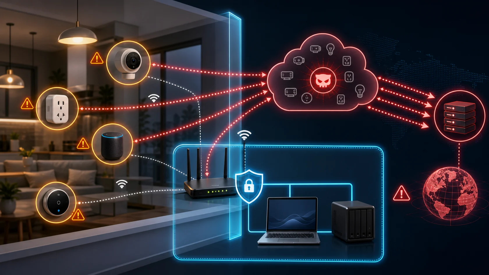 취약한 홈 IoT 기기가 봇넷으로 악용되고 업무용 노트북과 NAS는 분리된 네트워크 경계로 보호되는 개념도