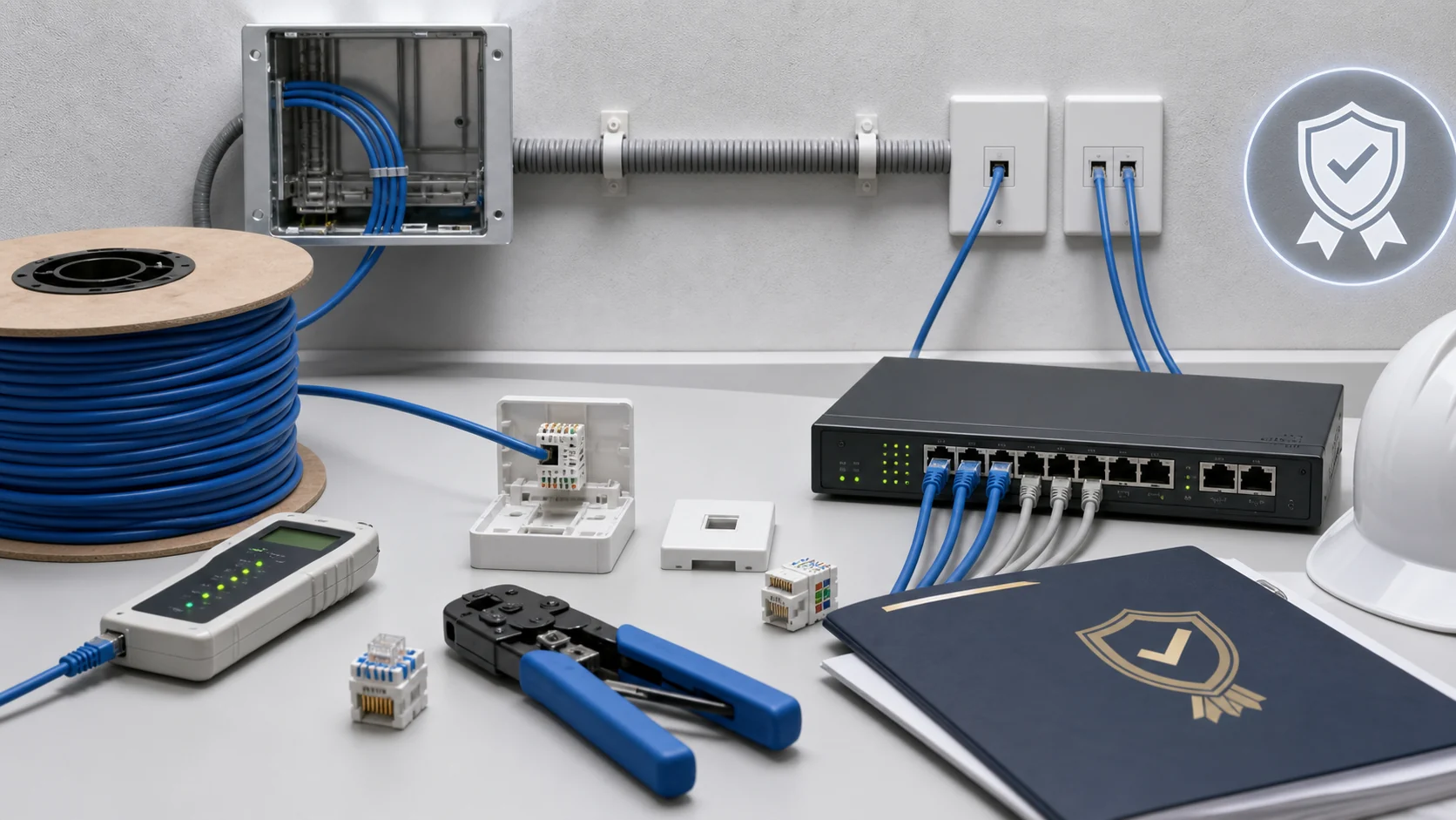 UTP 케이블과 RJ45 단자, 케이블 테스터, 관로 포설 도구가 놓인 정보통신 공사 작업대