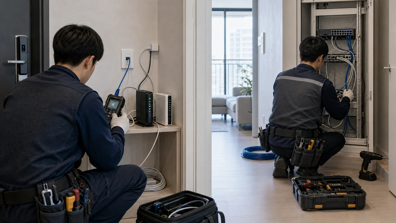 통신사 인터넷 개통 기사와 내부 랜공사 전문가가 세대 단자함 앞에서 역할을 나누어 작업하는 장면