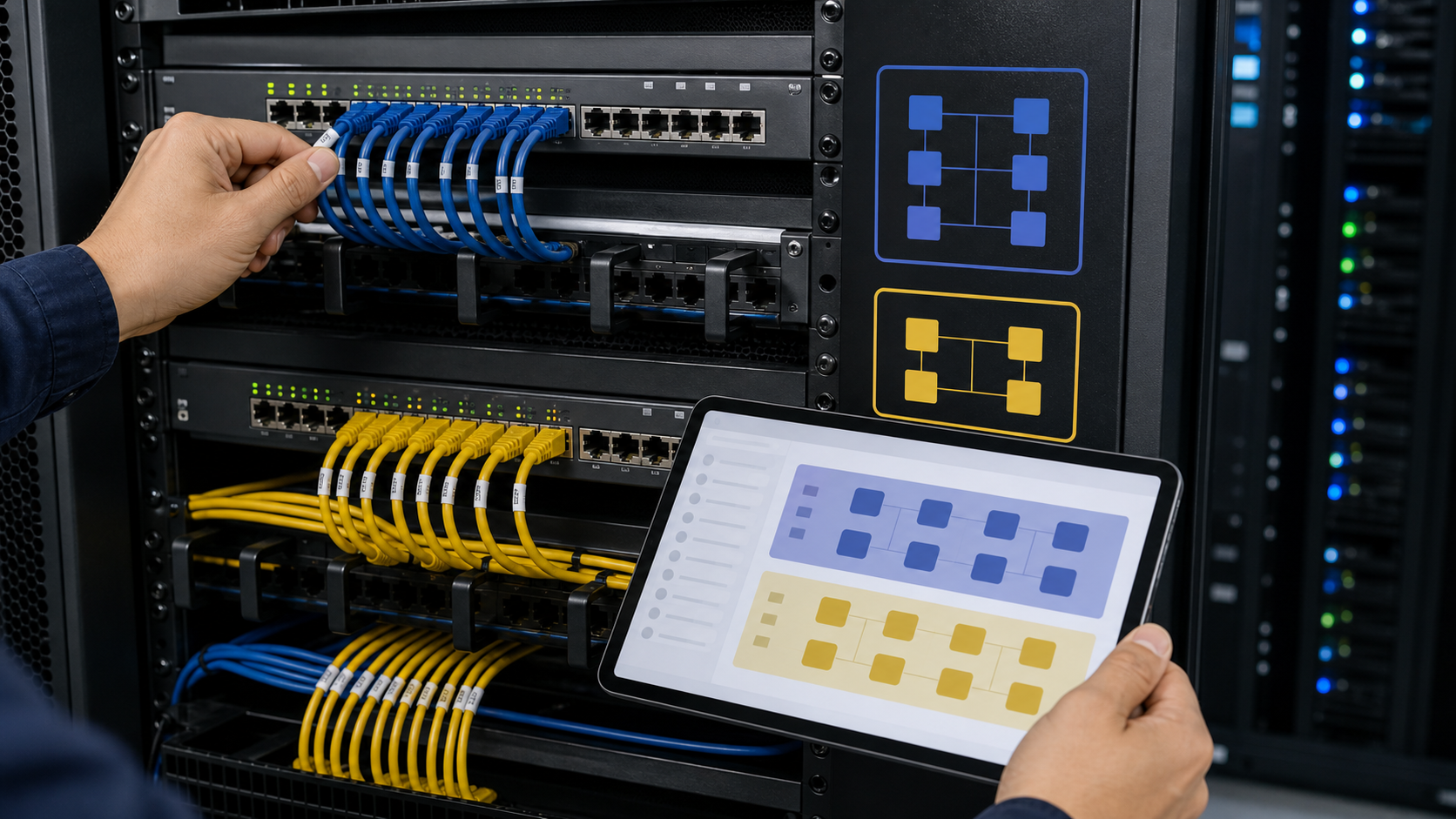 업무망과 인터넷망을 VLAN 및 IP 대역으로 분리한 네트워크 장비 실사형 이미지