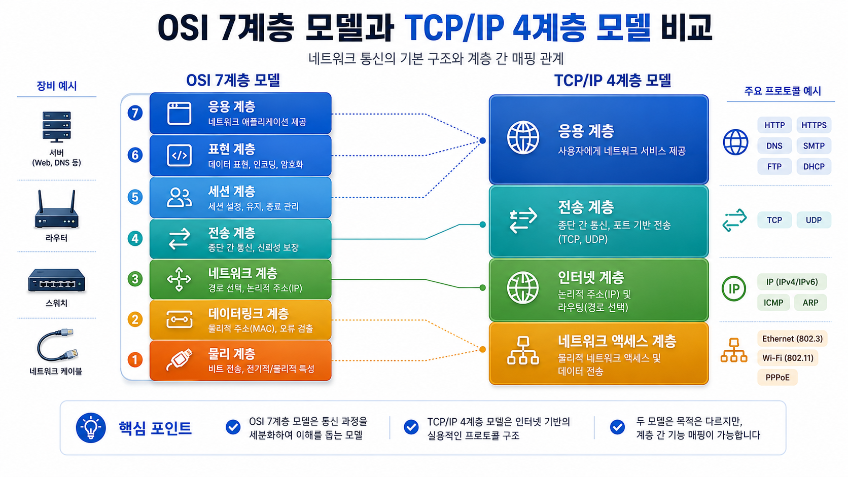 OSI 7계층 및 TCP IP 모델을 비교한 네트워크 프로토콜 구조 다이어그램