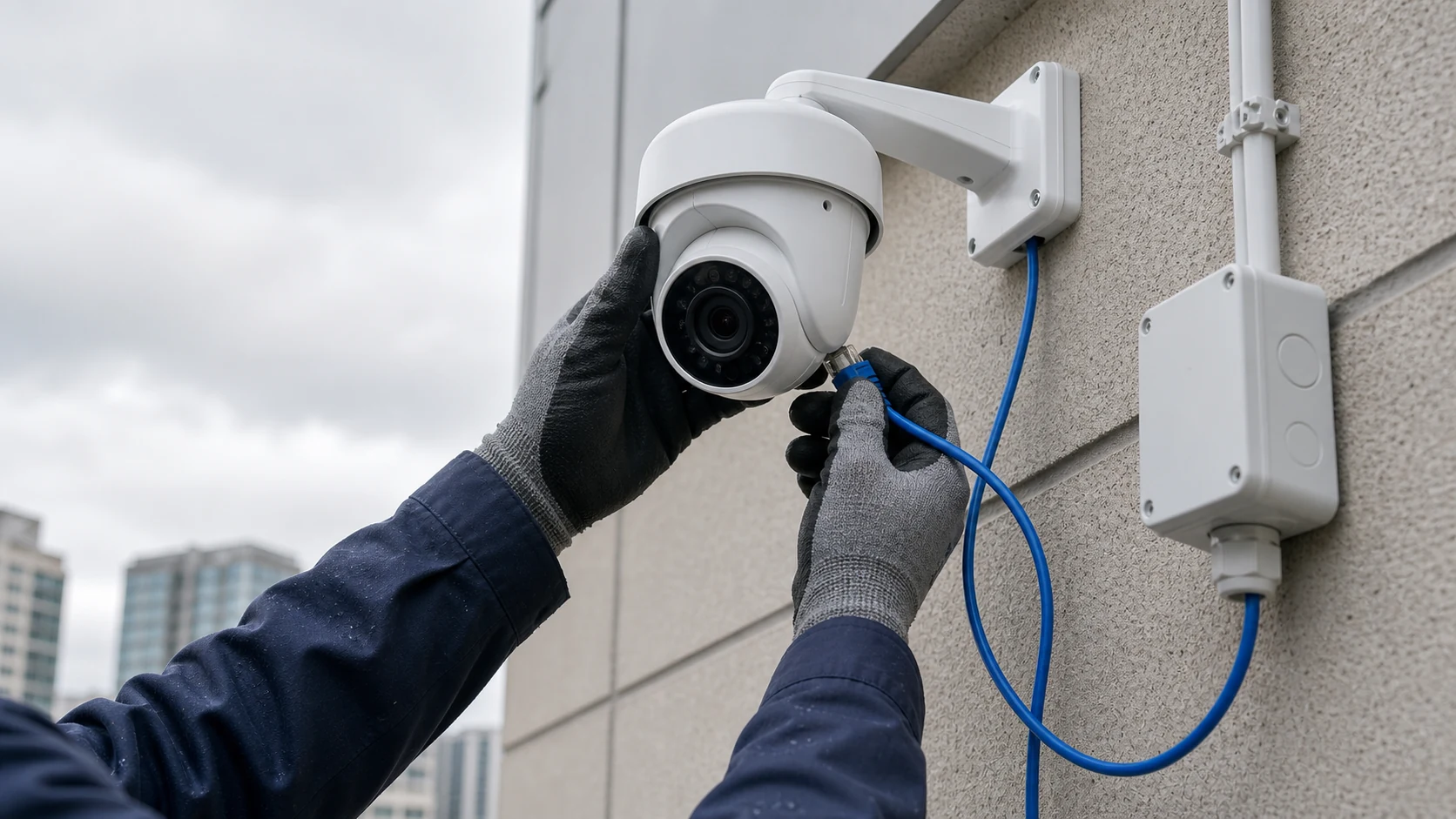 전원 콘센트가 없는 야외 환경에서 PoE 기술을 활용해 설치된 IP CCTV 카메라와 UTP 케이블 배선