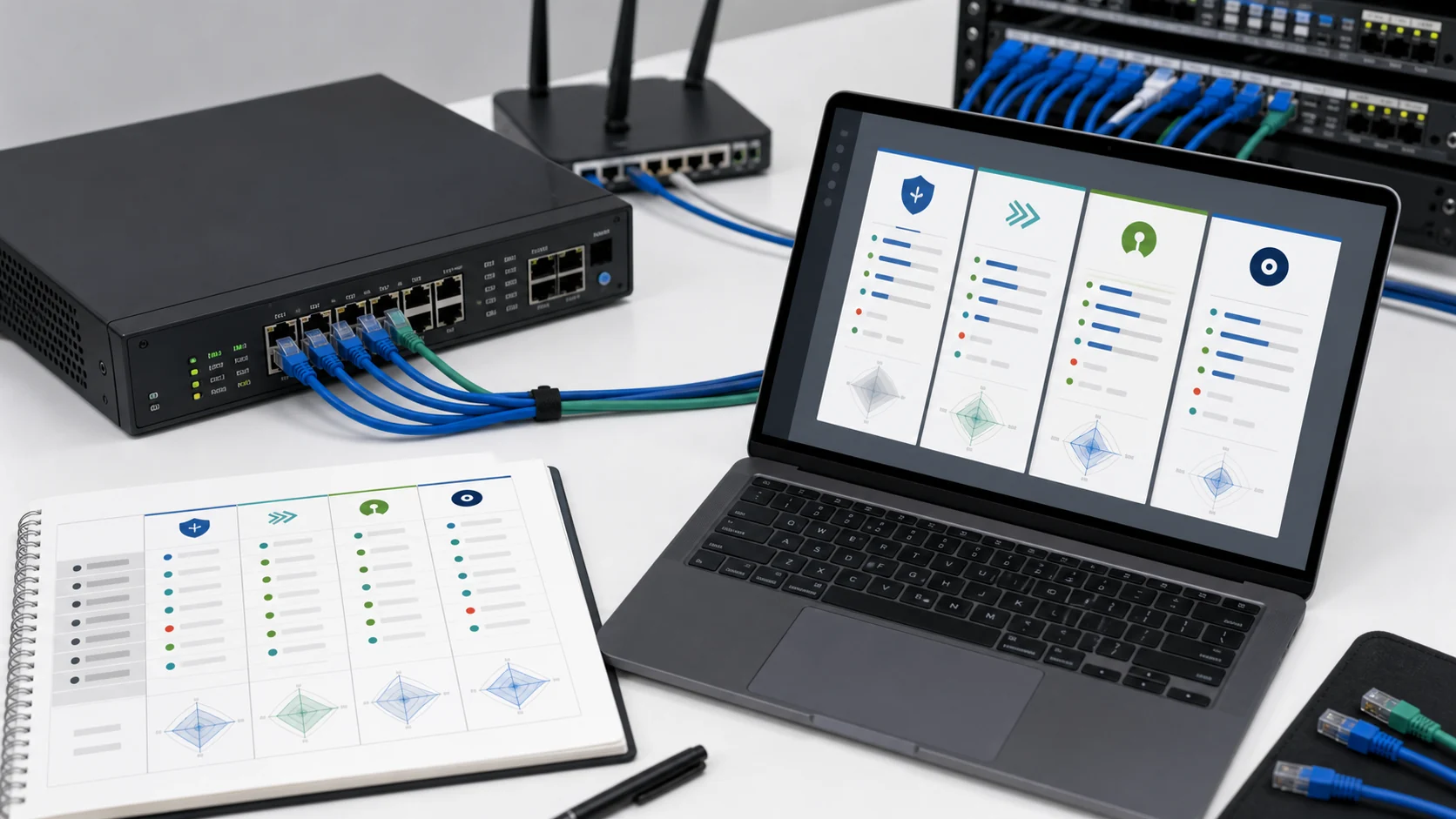 네트워크 작업대 위 노트북과 라우터 화면에서 VPN 프로토콜별 속도와 보안 특성을 비교하는 추상 구성