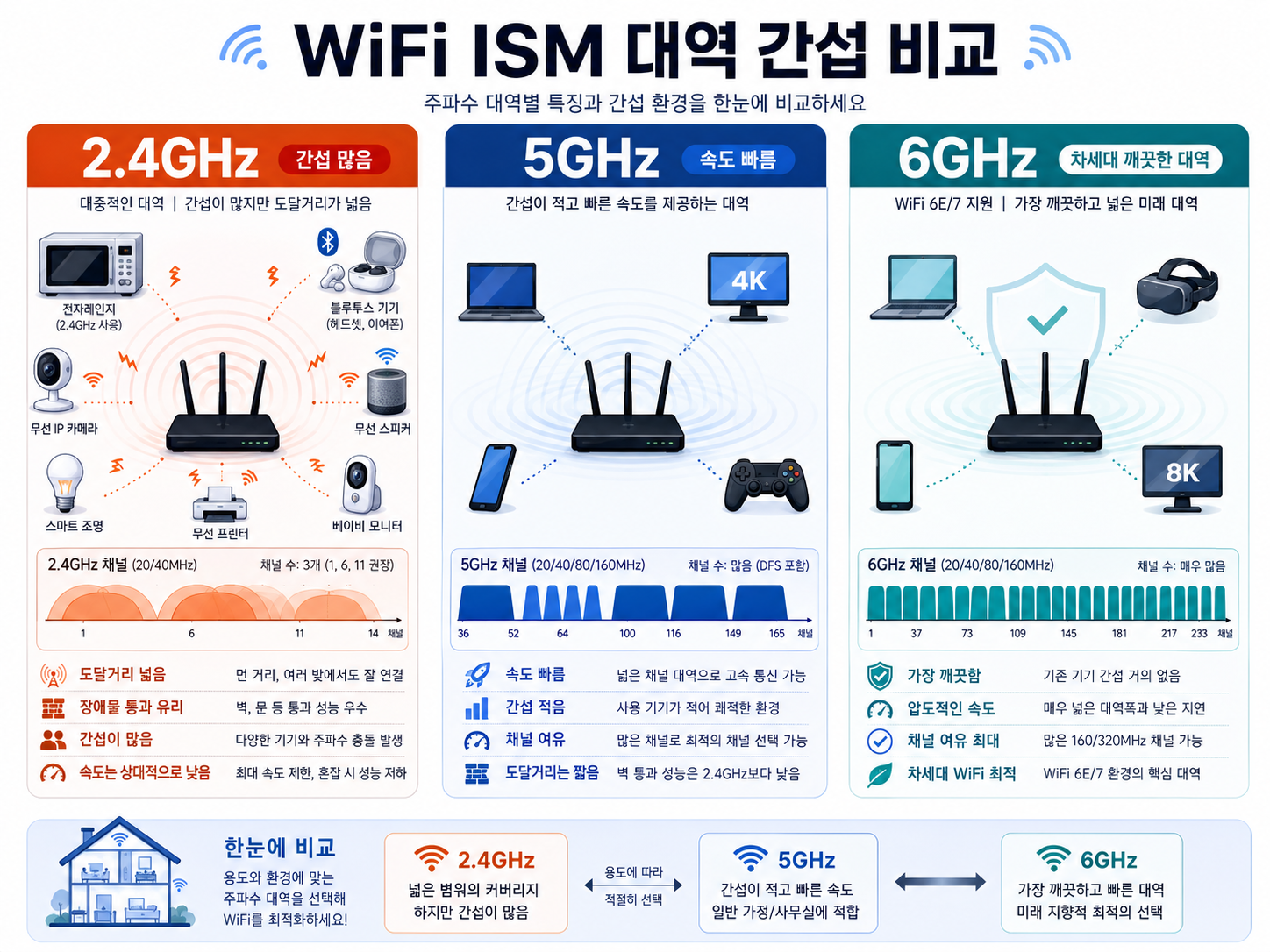 WiFi 주파수 2.4GHz와 5GHz 대역별 간섭 비교 및 ISM 대역 특성 가시화 이미지