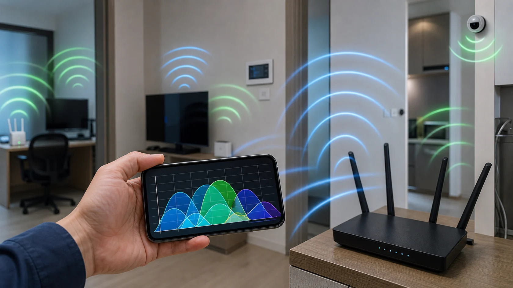 스마트폰 Wi-Fi 분석 화면으로 주변 공유기의 채널 중첩과 무선 간섭을 확인하는 현장 장면